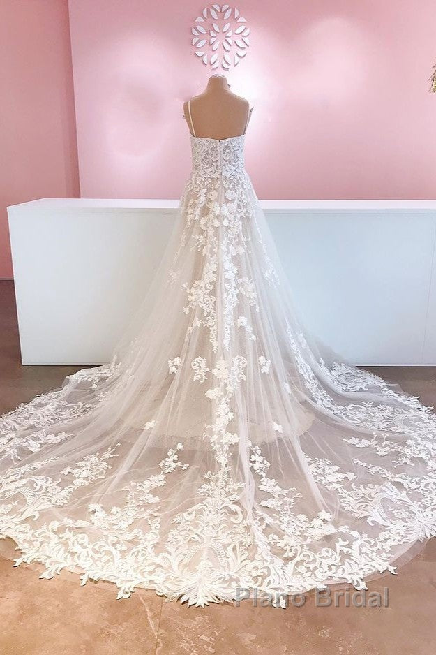 Classy Long A-Line Tulle Spaghetti Straps Appliques Lace Backless Wedding Dress Secondary image