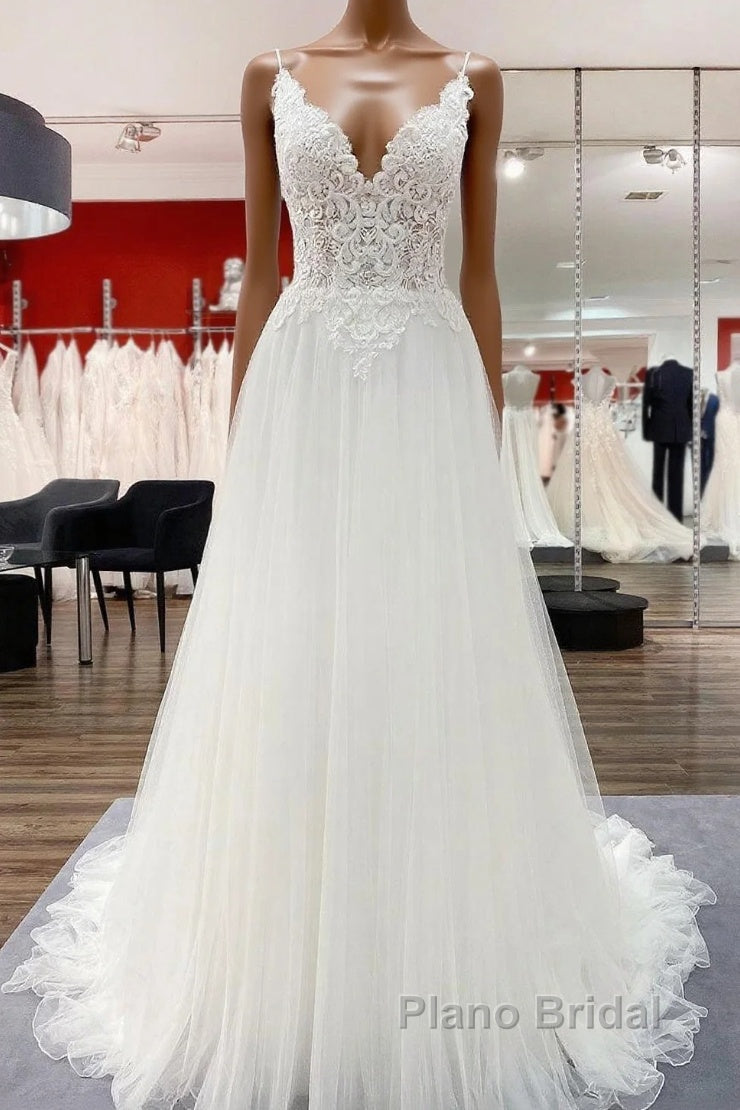 Classy Long A-line Tulle V Neck Sleeveless Lace Wedding Dress Main image