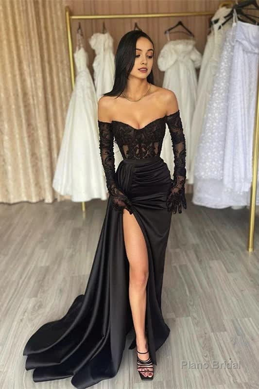 Classy Long Black Off-the-Shoulder Lace Mermaid Long Sleeves Evening Party Gowns Long Slit Online Main image