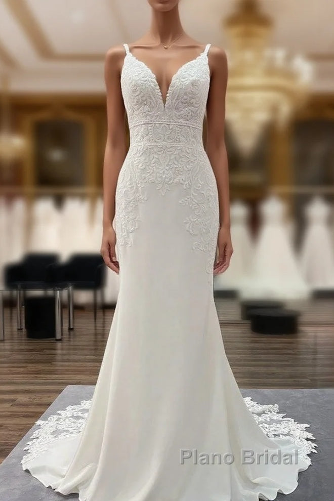 Classy Long Mermaid V-neck Satin Open Back Wedding Dress with Lace Appliques Main image