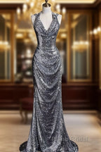 Classy Mermaid Halter Silver Sequin Long Evening Dresses Sexy Formal Prom Dresses