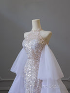 Classy Mermaid High Neckline Sequin Ruffles Long Formal Dresses Formal Prom Dresses