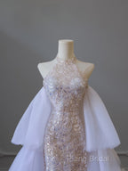 Classy Mermaid High Neckline Sequin Ruffles Long Formal Dresses Formal Prom Dresses