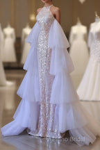 Classy Mermaid High Neckline Sequin Ruffles Long Formal Dresses Formal Prom Dresses