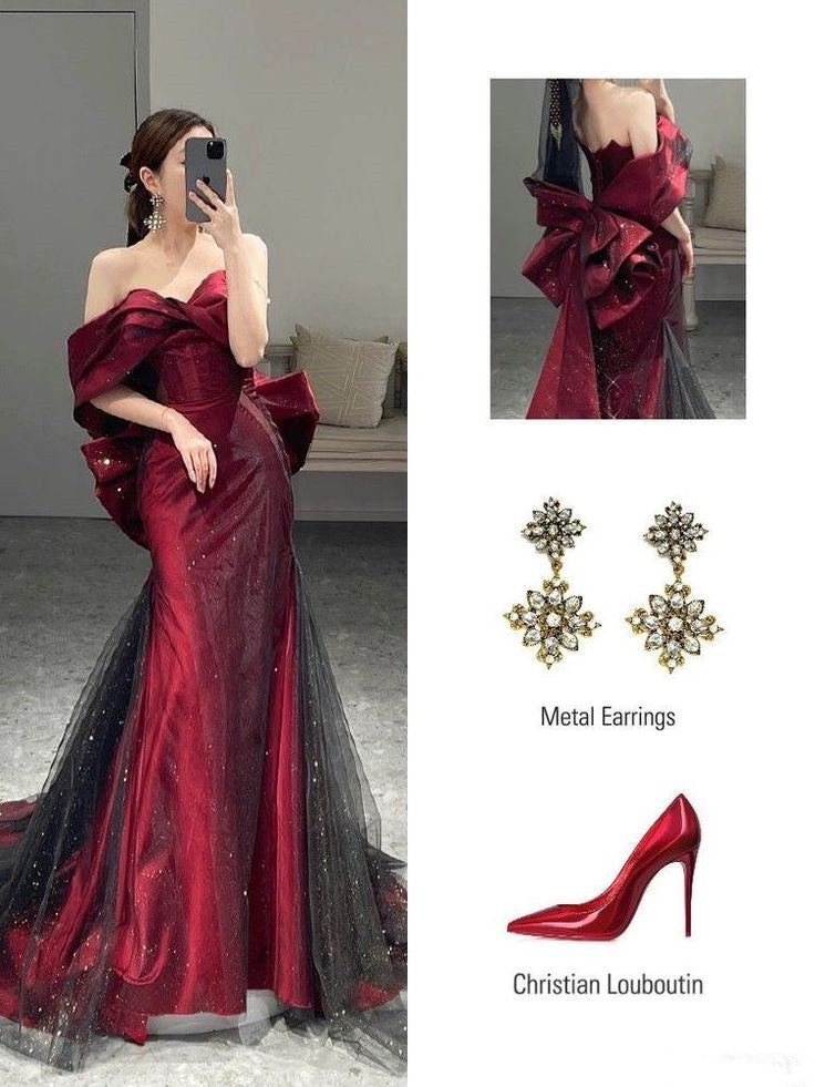 Classy Mermaid Off The Shoulder Burgundy Long Party Dresses Sequin Formal Prom Dresses Secondary image