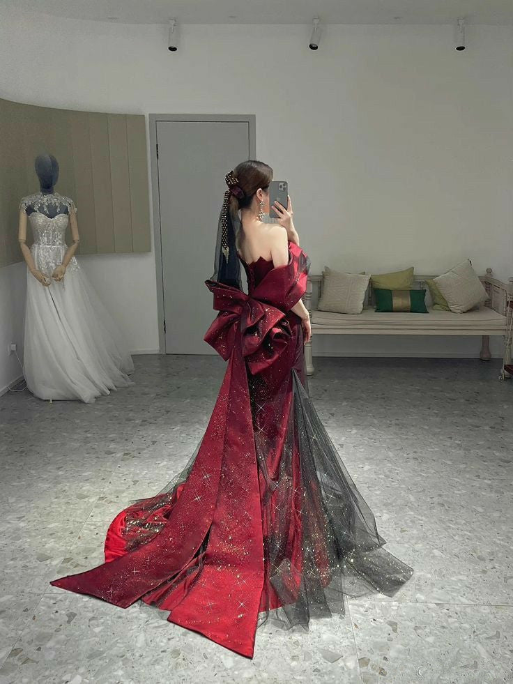Classy Mermaid Off The Shoulder Burgundy Long Party Dresses Sequin Formal Prom Dresses