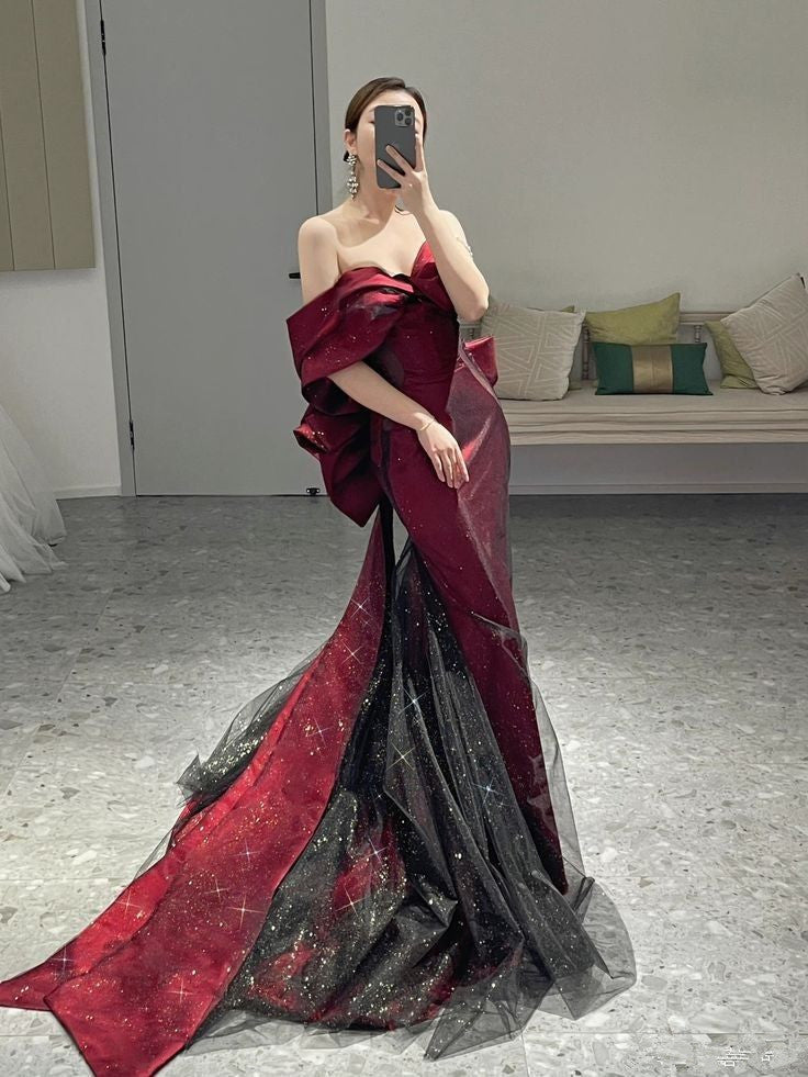 Classy Mermaid Off The Shoulder Burgundy Long Party Dresses Sequin Formal Prom Dresses Main image