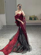 Classy Mermaid Off The Shoulder Burgundy Long Party Dresses Sequin Formal Prom Dresses