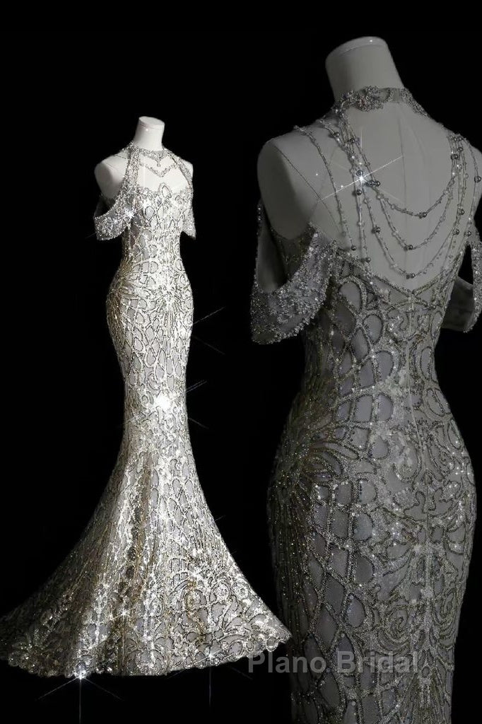 Classy Mermaid Off The Shoulder Silver Sequin Long Party Dresses Formal Prom Dresses Secondary image