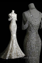Classy Mermaid Off The Shoulder Silver Sequin Long Party Dresses Formal Prom Dresses