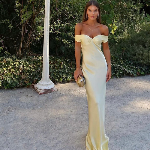 Classy Mermaid Off The Shoulder Yellow Satin Long Formal Evening Dresses Formal Prom Dresses Secondary image