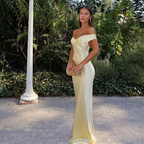 Classy Mermaid Off The Shoulder Yellow Satin Long Formal Evening Dresses Formal Prom Dresses