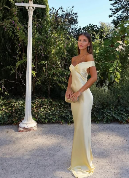 Classy Mermaid Off The Shoulder Yellow Satin Long Formal Evening Dresses Formal Prom Dresses