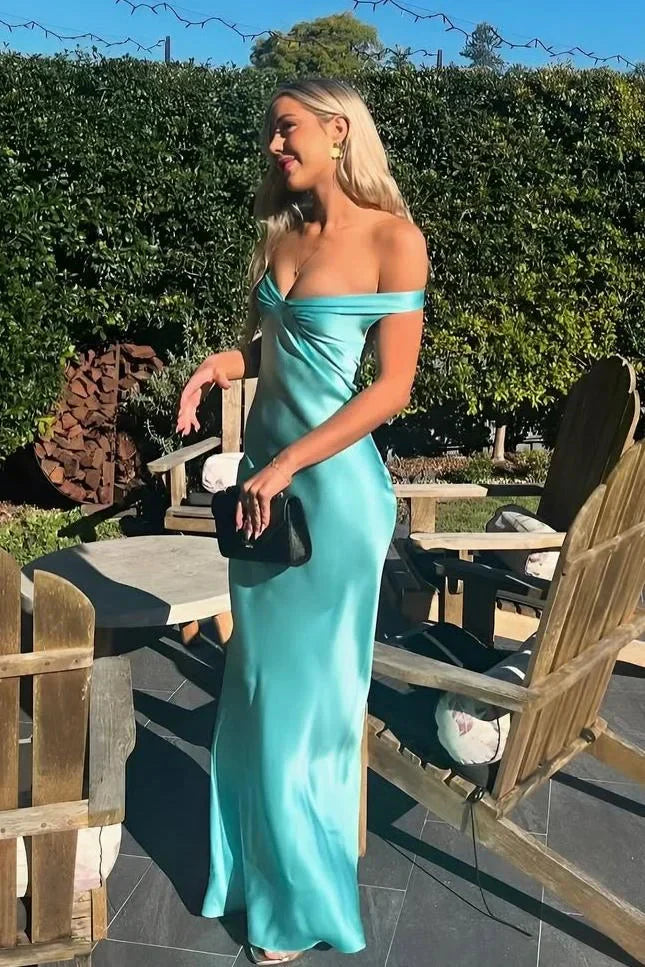 Classy Mermaid Off The Shoulder Yellow Satin Long Formal Evening Dresses Formal Prom Dresses