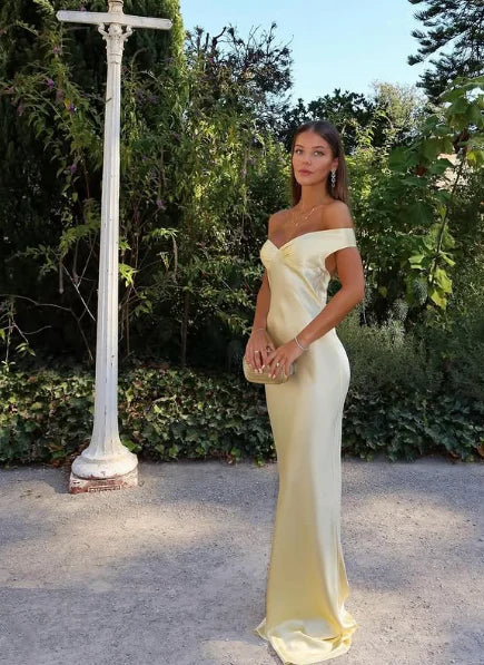 Classy Mermaid Off The Shoulder Yellow Satin Long Formal Evening Dresses Formal Prom Dresses