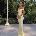 Classy Mermaid Off The Shoulder Yellow Satin Long Formal Evening Dresses Formal Prom Dresses
