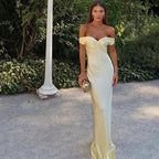 Classy Mermaid Off The Shoulder Yellow Satin Long Formal Evening Dresses Formal Prom Dresses