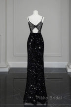 Classy Mermaid Spaghetti Straps Black Sequin Slit Long Evening Gowns Formal Prom Dresses