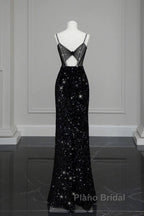 Classy Mermaid Spaghetti Straps Black Sequin Slit Long Evening Gowns Formal Prom Dresses
