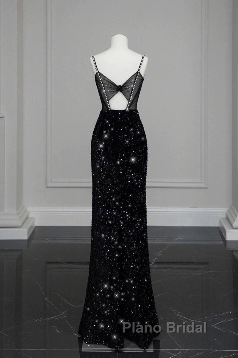 Classy Mermaid Spaghetti Straps Black Sequin Slit Long Evening Gowns Formal Prom Dresses