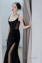 Classy Mermaid Spaghetti Straps Black Sequin Slit Long Evening Gowns Formal Prom Dresses