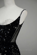 Classy Mermaid Spaghetti Straps Black Sequin Slit Long Evening Gowns Formal Prom Dresses
