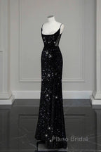 Classy Mermaid Spaghetti Straps Black Sequin Slit Long Evening Gowns Formal Prom Dresses
