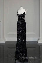 Classy Mermaid Spaghetti Straps Black Sequin Slit Long Evening Gowns Formal Prom Dresses
