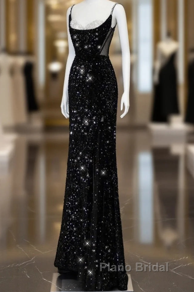 Classy Mermaid Spaghetti Straps Black Sequin Slit Long Evening Gowns Formal Prom Dresses Main image