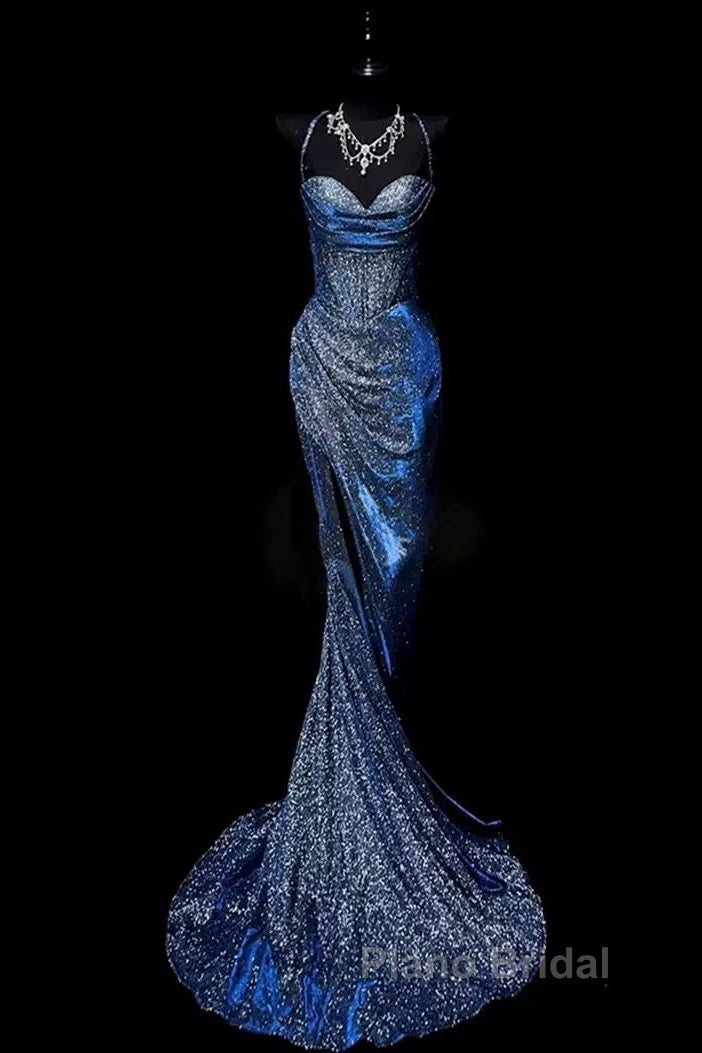 Classy Mermaid Spaghetti Straps Navy Blue Sequin Long Evening Gowns Formal Prom Dresses Secondary image