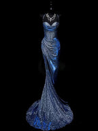 Classy Mermaid Spaghetti Straps Navy Blue Sequin Long Formal Evening Gowns Formal Prom Dresses