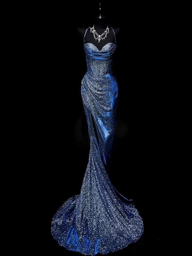 Classy Mermaid Spaghetti Straps Navy Blue Sequin Long Formal Evening Gowns Formal Prom Dresses
