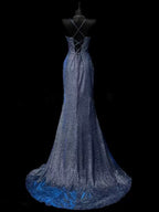 Classy Mermaid Spaghetti Straps Navy Blue Sequin Long Formal Evening Gowns Formal Prom Dresses