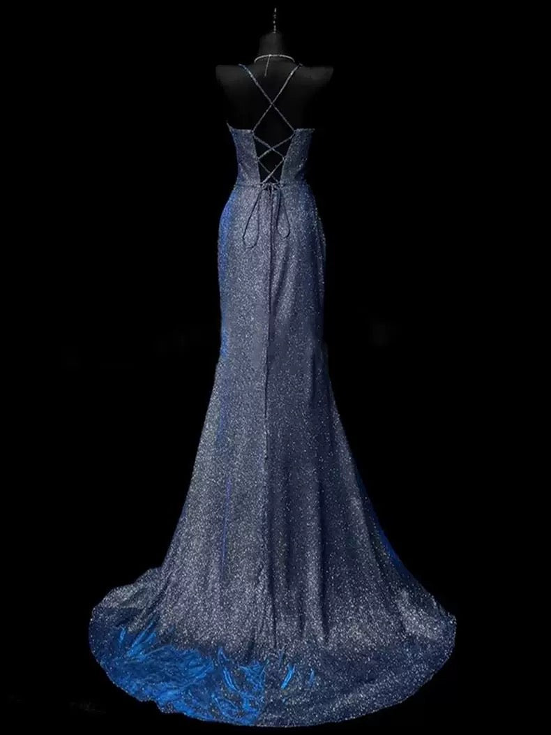 Classy Mermaid Spaghetti Straps Navy Blue Sequin Long Formal Evening Gowns Formal Prom Dresses