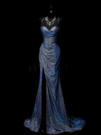 Classy Mermaid Spaghetti Straps Navy Blue Sequin Long Formal Evening Gowns Formal Prom Dresses