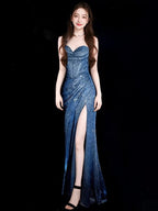 Classy Mermaid Spaghetti Straps Navy Blue Sequin Long Formal Evening Gowns Formal Prom Dresses