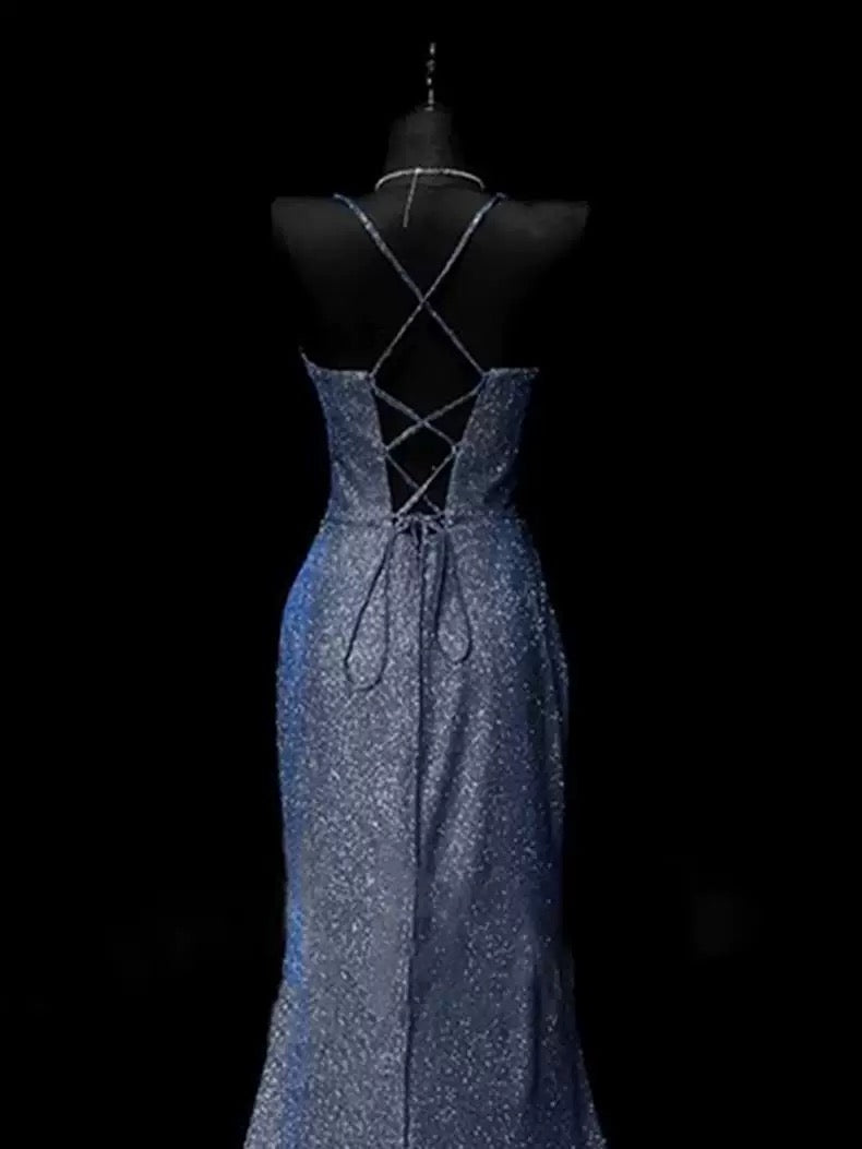 Classy Mermaid Spaghetti Straps Navy Blue Sequin Long Formal Evening Gowns Formal Prom Dresses