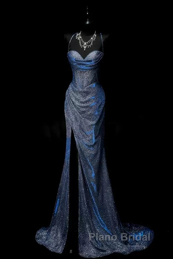 Classy Mermaid Spaghetti Straps Navy Blue Sequin Long Evening Gowns Formal Prom Dresses
