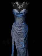 Classy Mermaid Spaghetti Straps Navy Blue Sequin Long Formal Evening Gowns Formal Prom Dresses