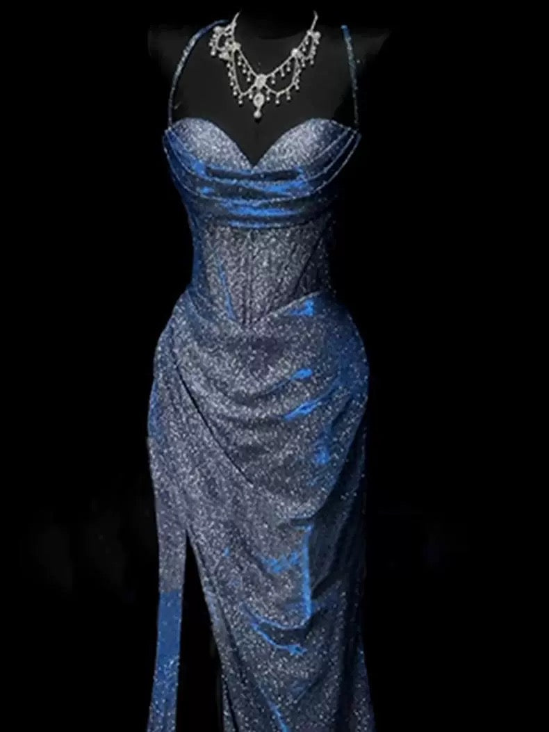 Classy Mermaid Spaghetti Straps Navy Blue Sequin Long Formal Evening Gowns Formal Prom Dresses