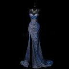 Classy Mermaid Spaghetti Straps Navy Blue Sequin Long Formal Evening Gowns Formal Prom Dresses