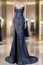 Classy Mermaid Spaghetti Straps Navy Blue Sequin Long Evening Gowns Formal Prom Dresses