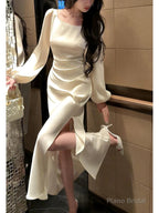 Classy Mermaid Square Neckline Long Sleeves Slit Prom Dresses Evening Gowns