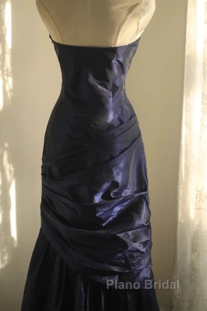 Classy Mermaid Strapless Navy Blue Organza Long Evening Gowns Formal Prom Dresses