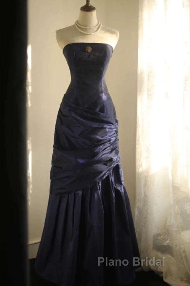 Classy Mermaid Strapless Navy Blue Organza Long Evening Gowns Formal Prom Dresses