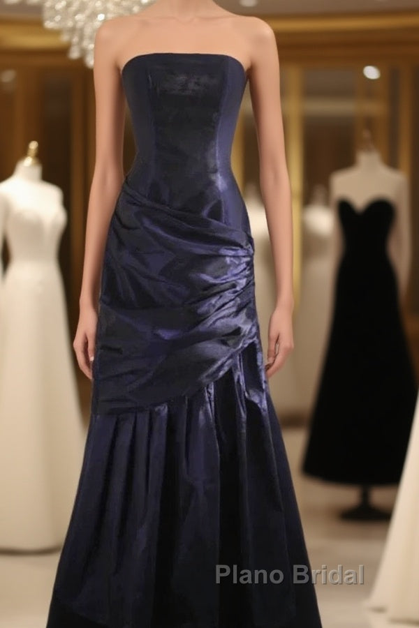 Classy Mermaid Strapless Navy Blue Organza Long Evening Gowns Formal Prom Dresses Main image