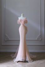 Classy Mermaid Strapless Pink Sequin Long Evening Dresses Formal Prom Dresses