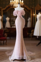 Classy Mermaid Strapless Pink Sequin Long Evening Dresses Formal Prom Dresses
