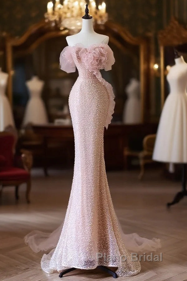 Classy Mermaid Strapless Pink Sequin Long Evening Dresses Formal Prom Dresses