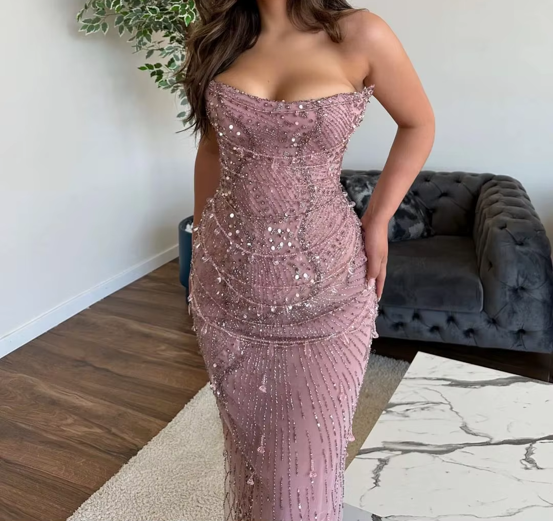 Classy Mermaid Strapless Tulle Pink Long Formal Evening Dresses Formal Prom Dresses With Beads Secondary image